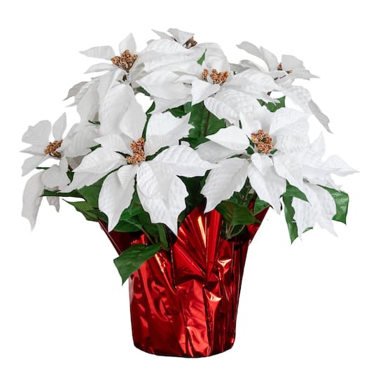 Nearly Natural 19" White Lush Poinsettia in Red Wrapped Artificial Planter